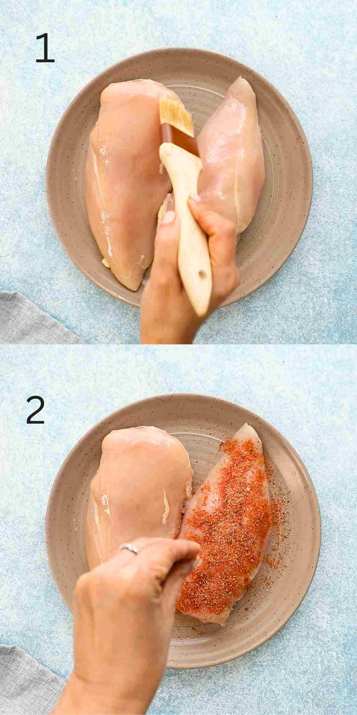 2 photo collage of a hand brushing 2 chicken breasts with oil and sprinkling spices on top.