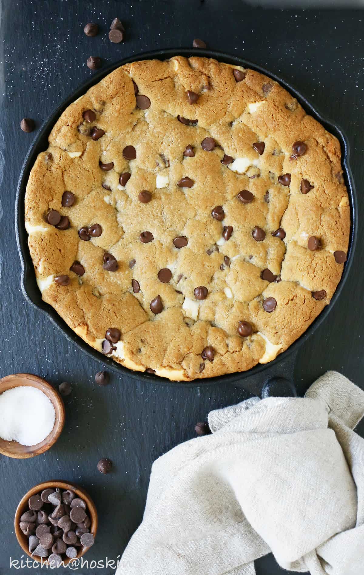 cheesecake stuffed chocolate chip skillet cookie