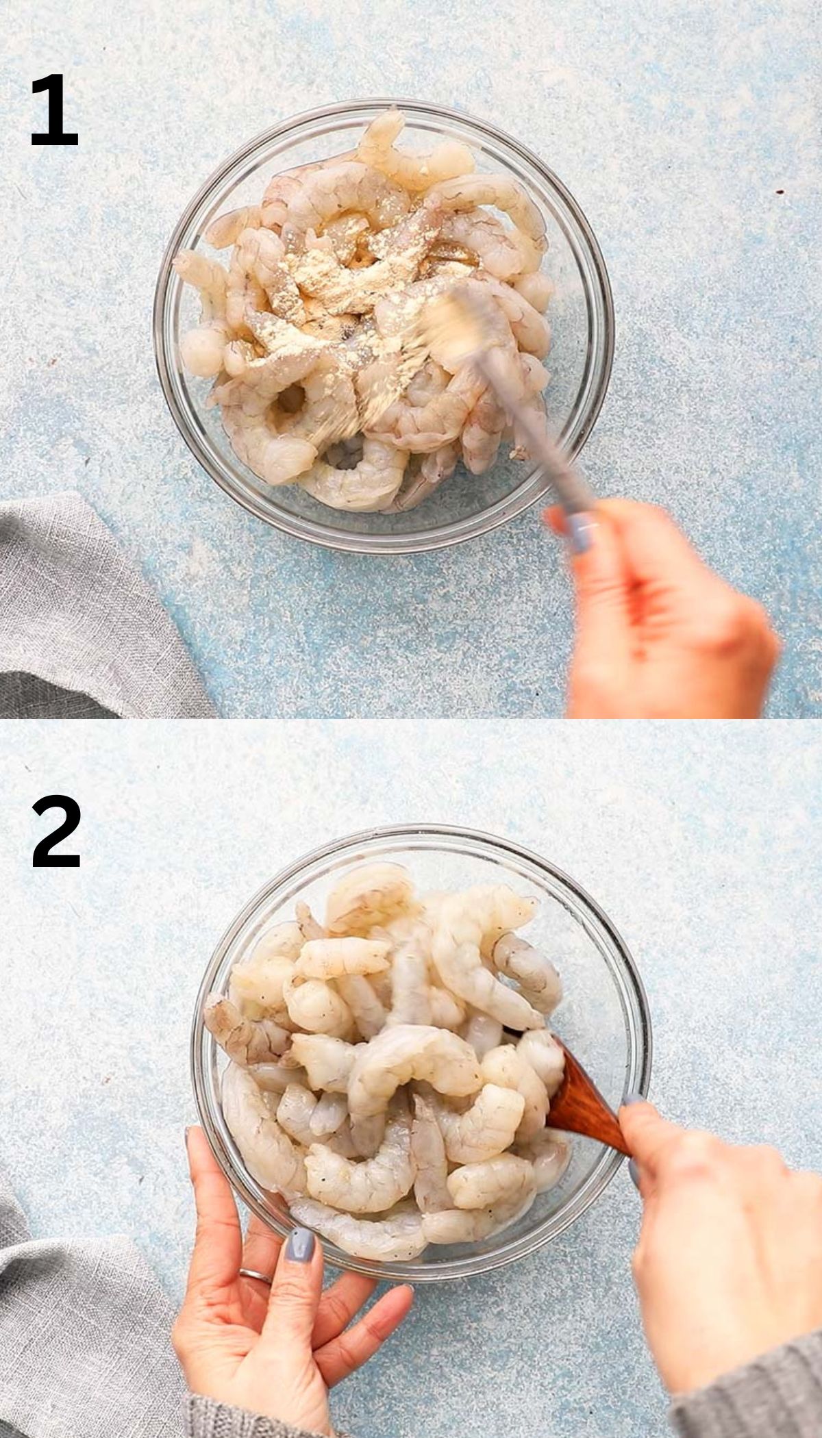 2 photo collage of tossing shrimp with spices in a glass bowl. 