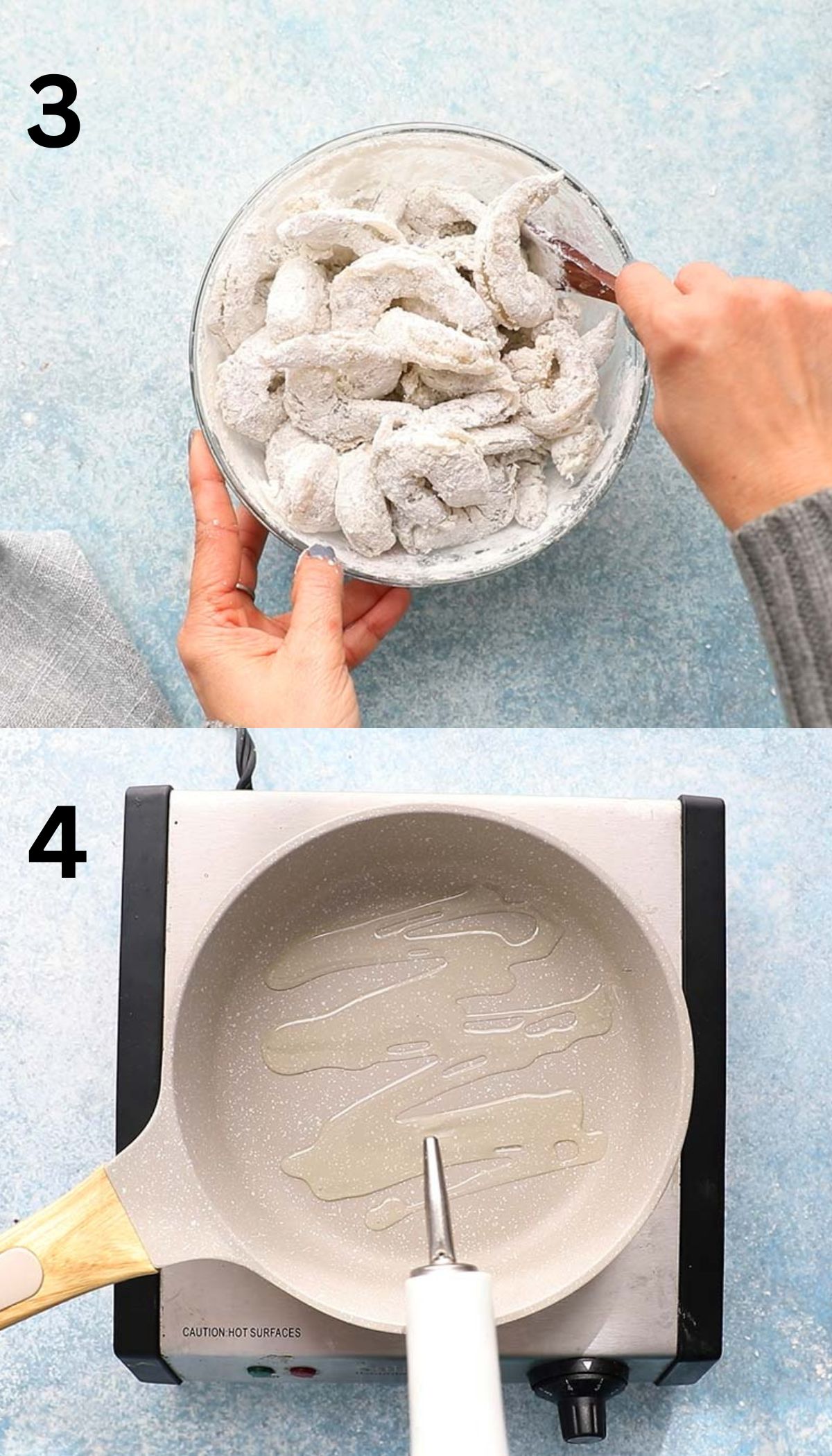 2 photo collage of mixing shrimp with cornstarch in a glass bowl.