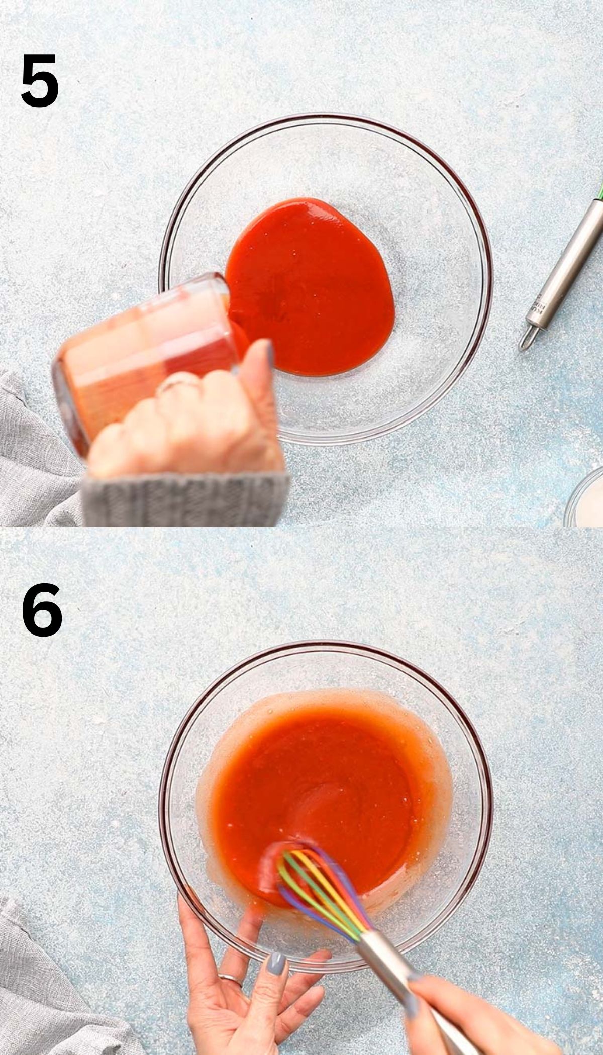 2 photo collage of pouring and mixing  hot sauce in a glass bowl.