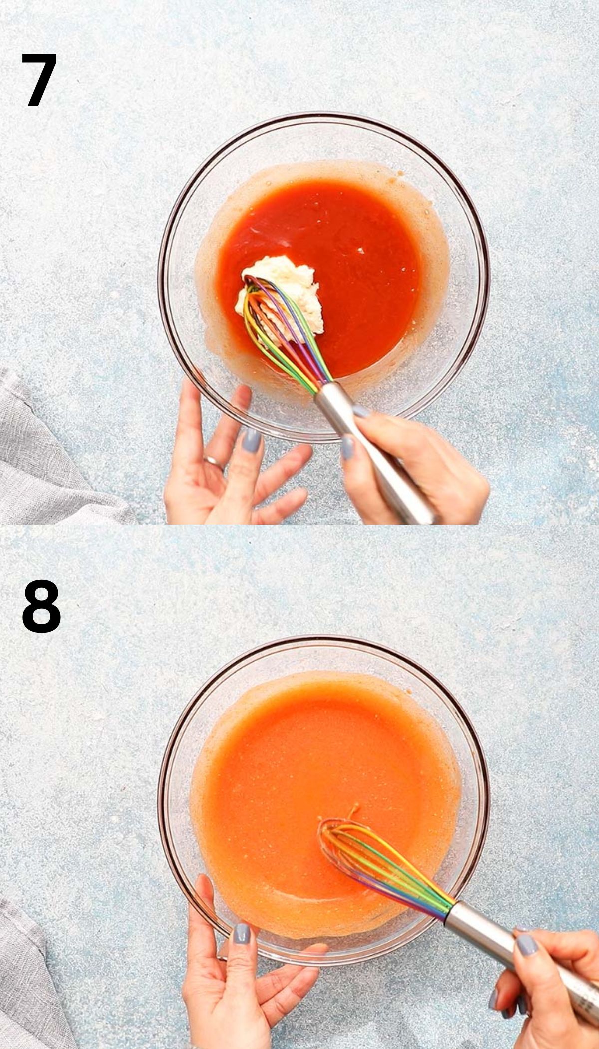 2 photo collage of mixing buffalo sauce in a glass bowl with a whisk.