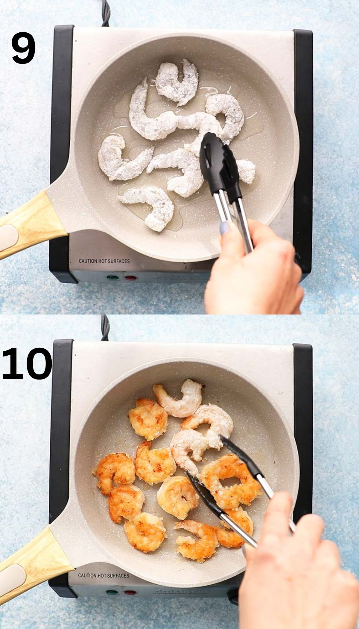 2 photo collage of cooking shrimp in a small grey skillet. 
