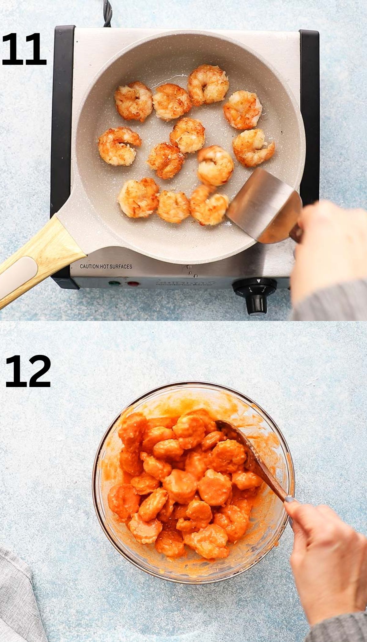 2 photo collage of removing cooked shrimp from a skillet and mixing with buffalo sauce.