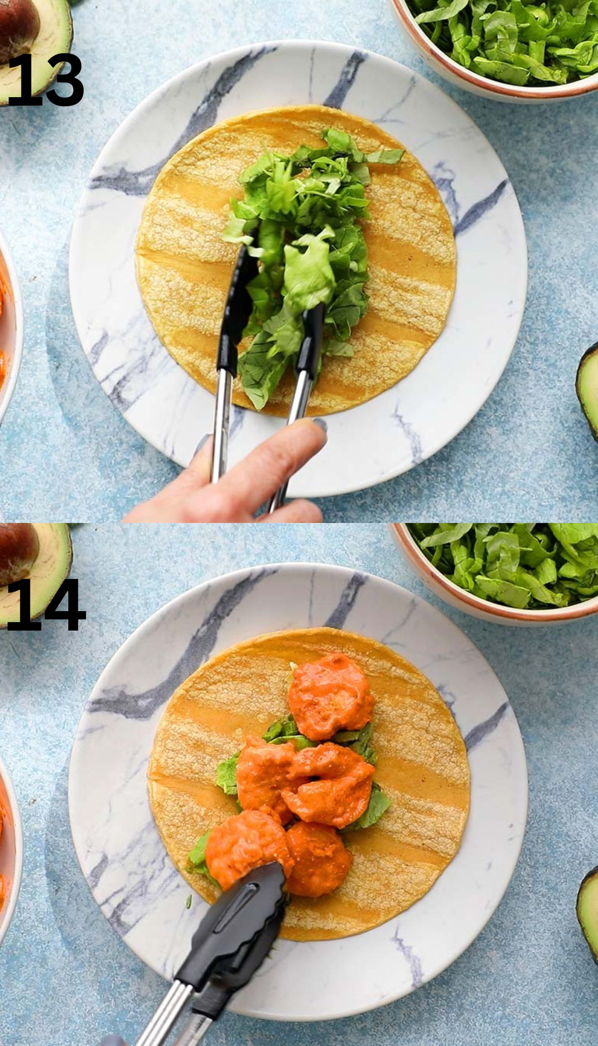 2 photo collage of adding lettuce and cooked shrimp on a corn tortilla.