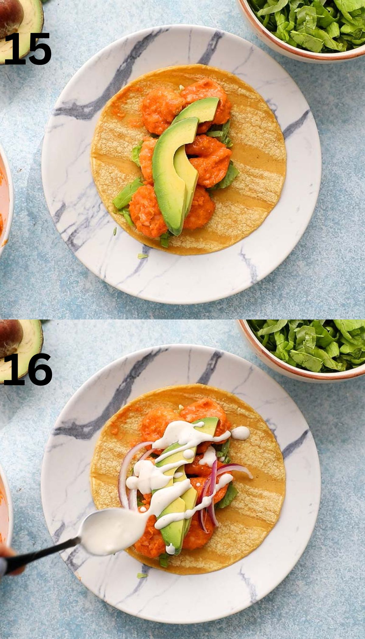 2 photo collage of assembling shrimp taco and drizzling ranch with a black spoon.