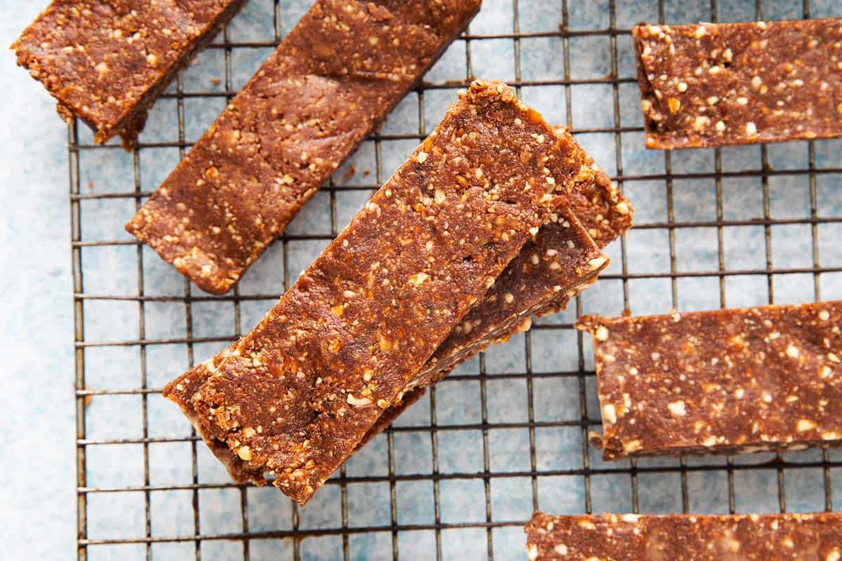 cut date bars on a wire rack.