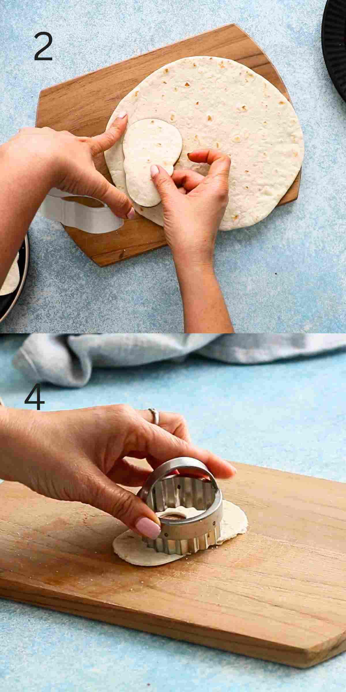 two photo collage of a hand cutting a tortilla into a skull shape.