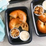 bagels with buttered cream cheese and candied walnuts
