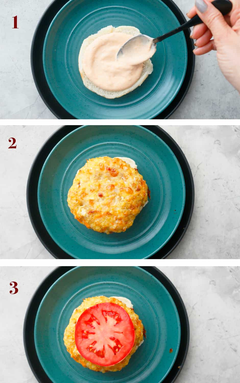 step by step photos on how to assemble a healthy chicken burger baked in oven
