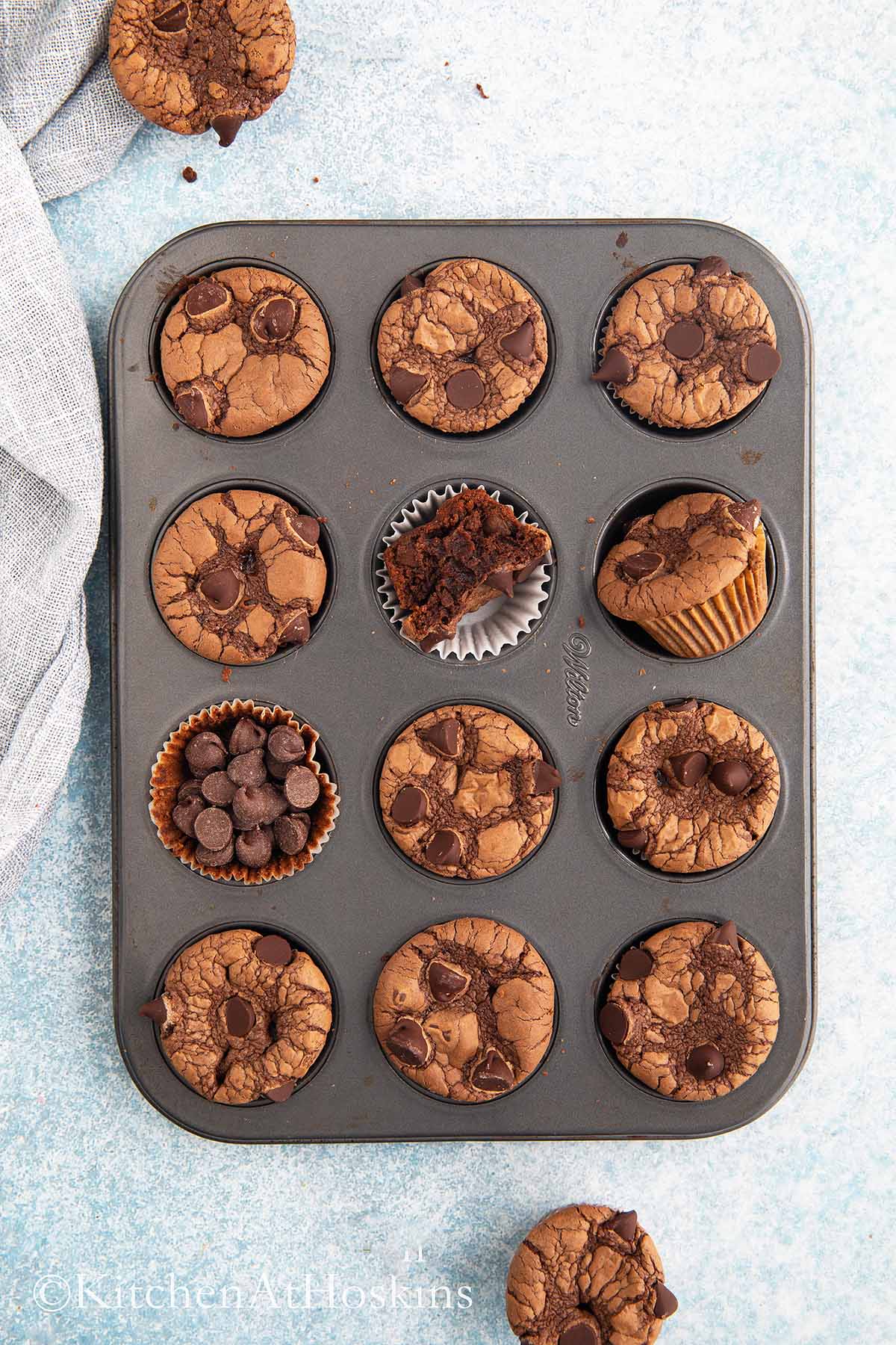 baked chocolate chocolate chip muffins in a muffin pan. 
