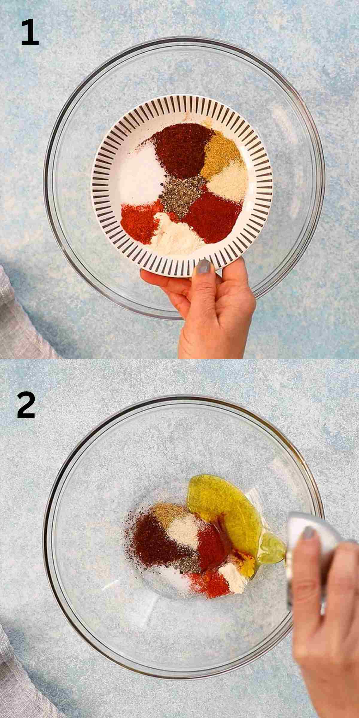2 photo collage of adding spices into a large glass bowl. 