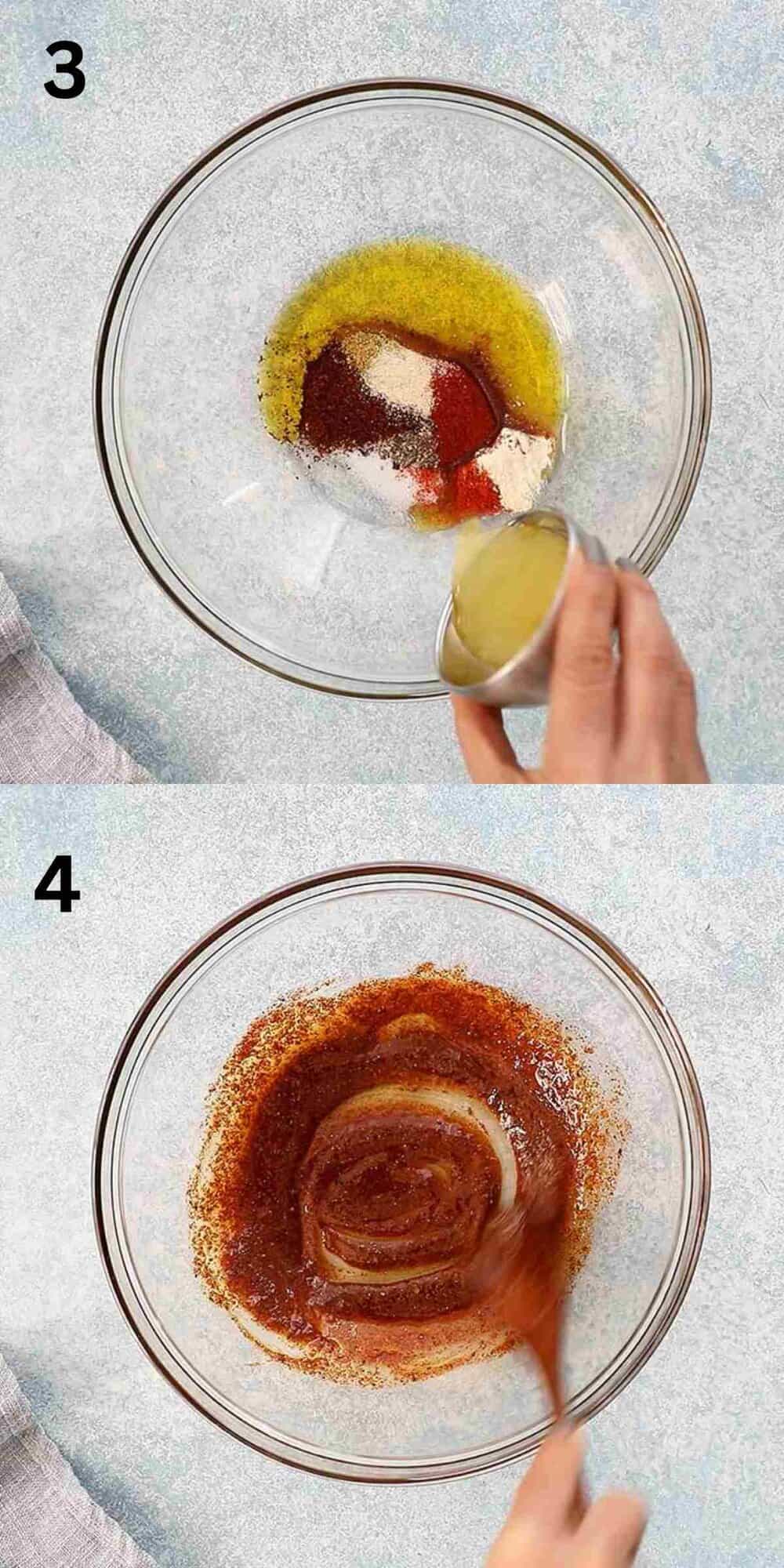 2 photo collage of mixing spice marinade in a large glass bowl. 