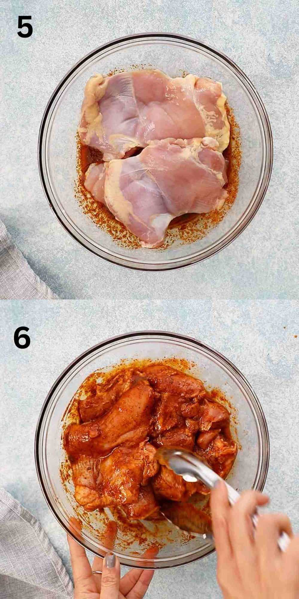2 photo collage of tossing chicken with marinade in a large glass bowl. 