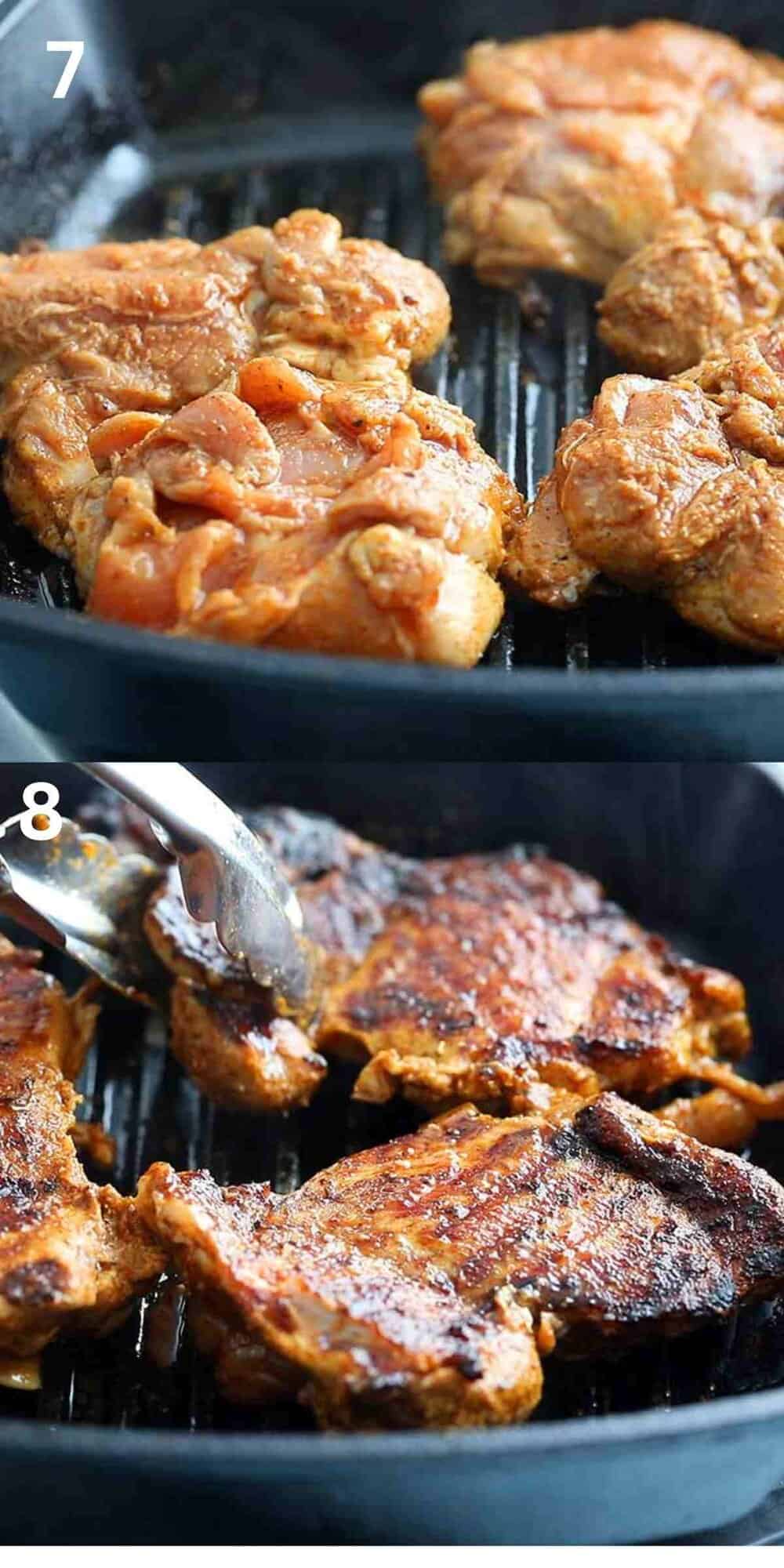 2 photo collage of cooking chicken in a black grill pan.