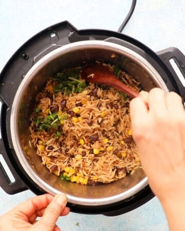 black beans and rice cooking in an instant pot.
