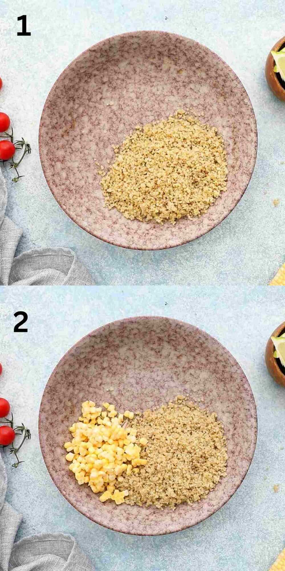 2 photo collage of corn and quinoa in a pink bowl.
