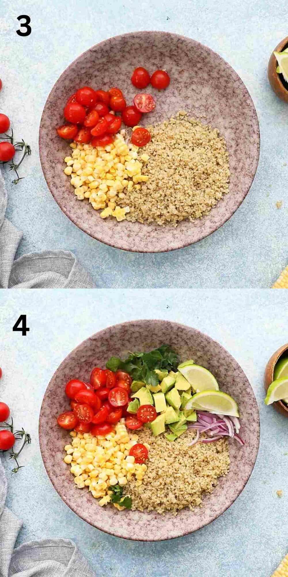 2 photo collage of all ingredients assembled in a pink bowl.