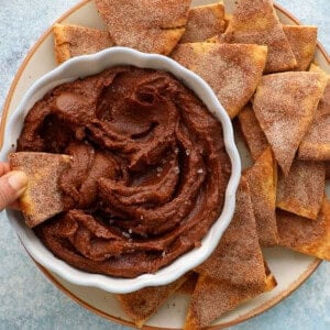 a hand dipping one triangle chip into brown hummus dip.