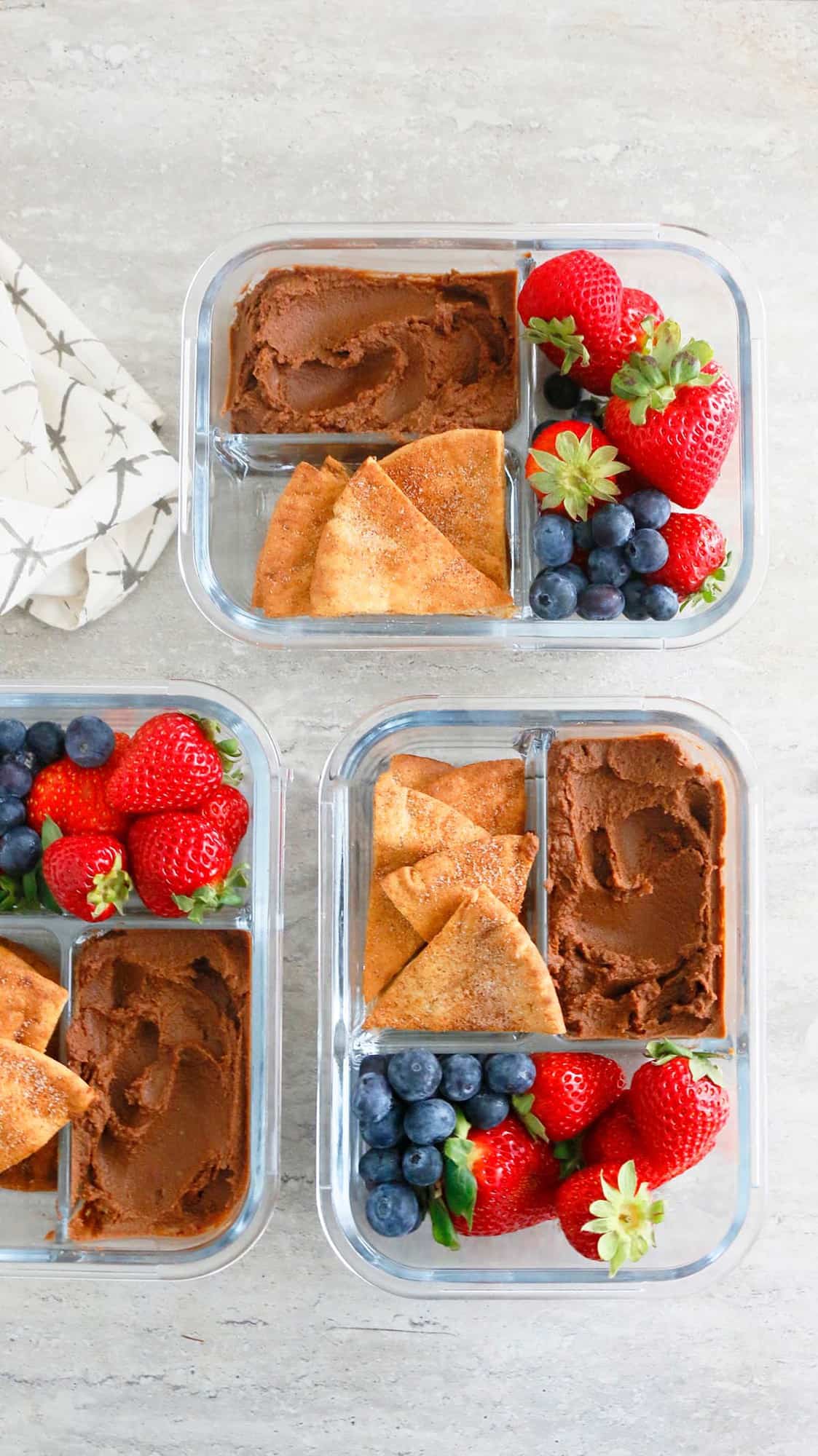 chocolate dessert hummus served with pita chips and strawberries