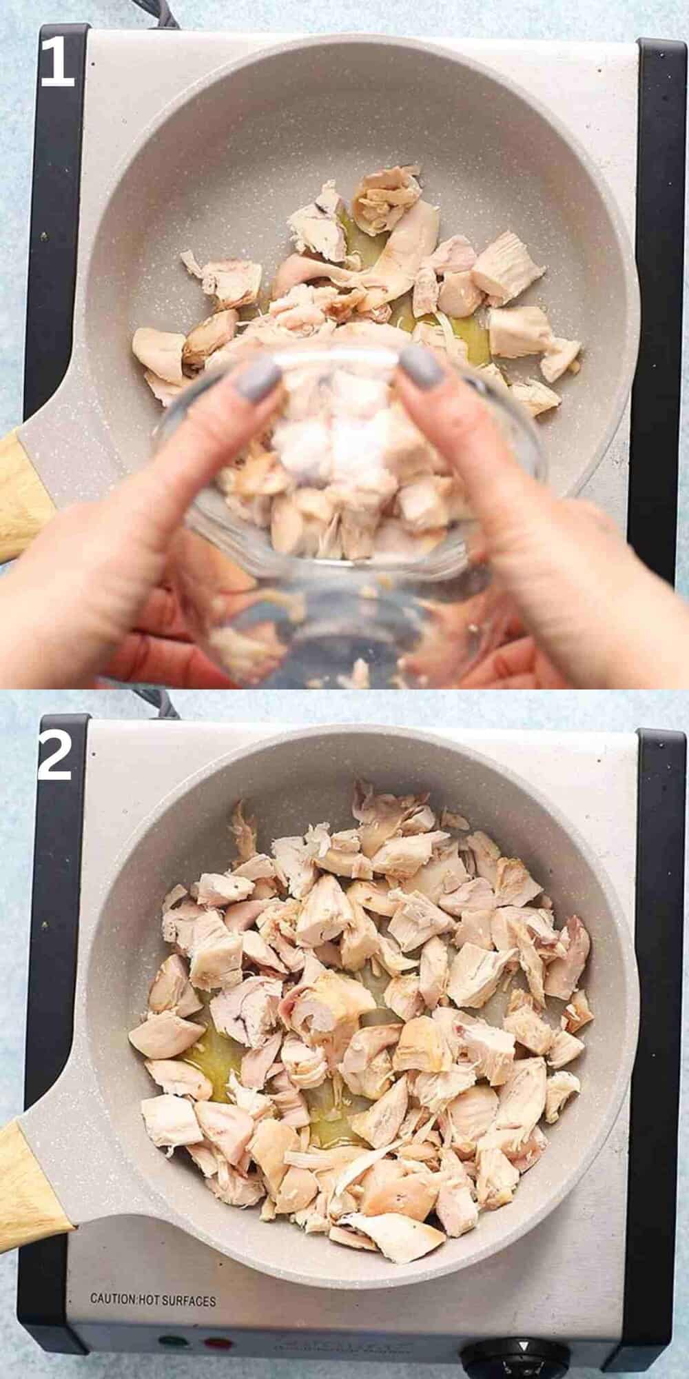 two photo collage of cooking chicken in a white skillet. 