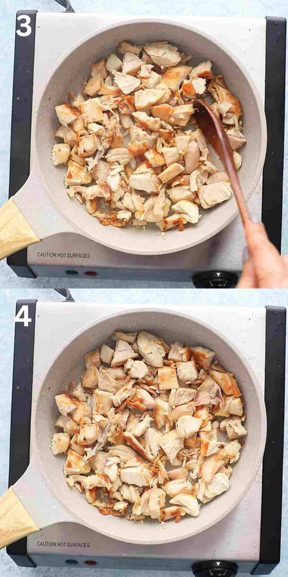 two photo collage of cooking chicken in a white skillet. 