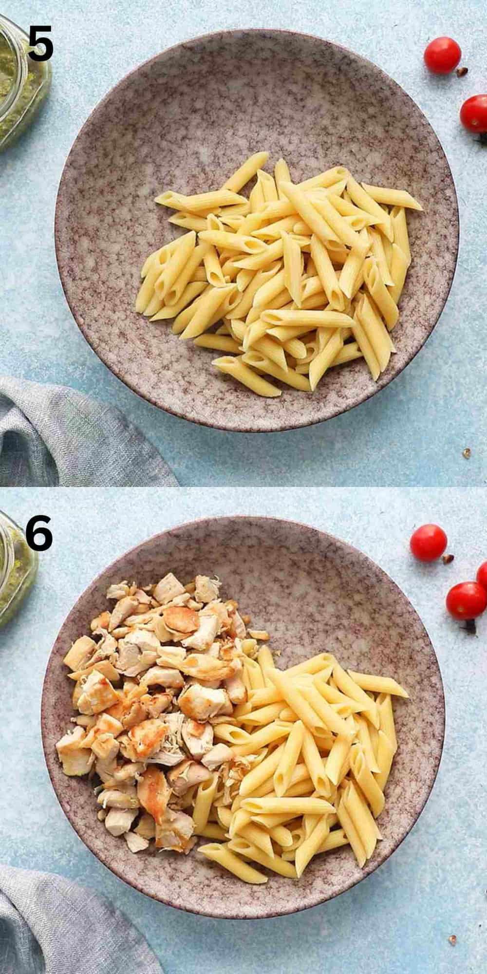 2 photo collage of a large bowl with cooked pasta and chicken.