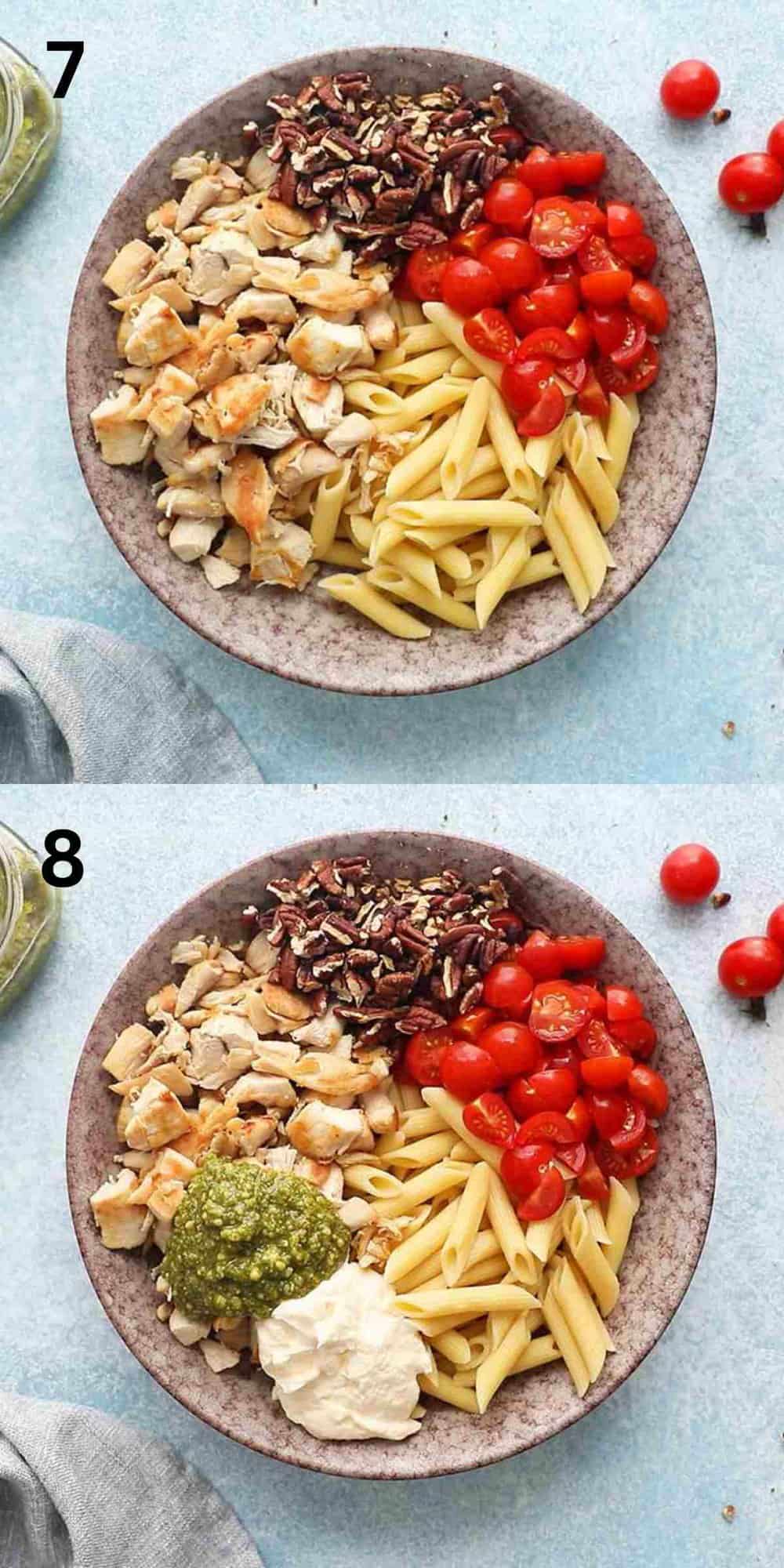 2 photo collage of one large bowl with all ingredients for a pasta salad.