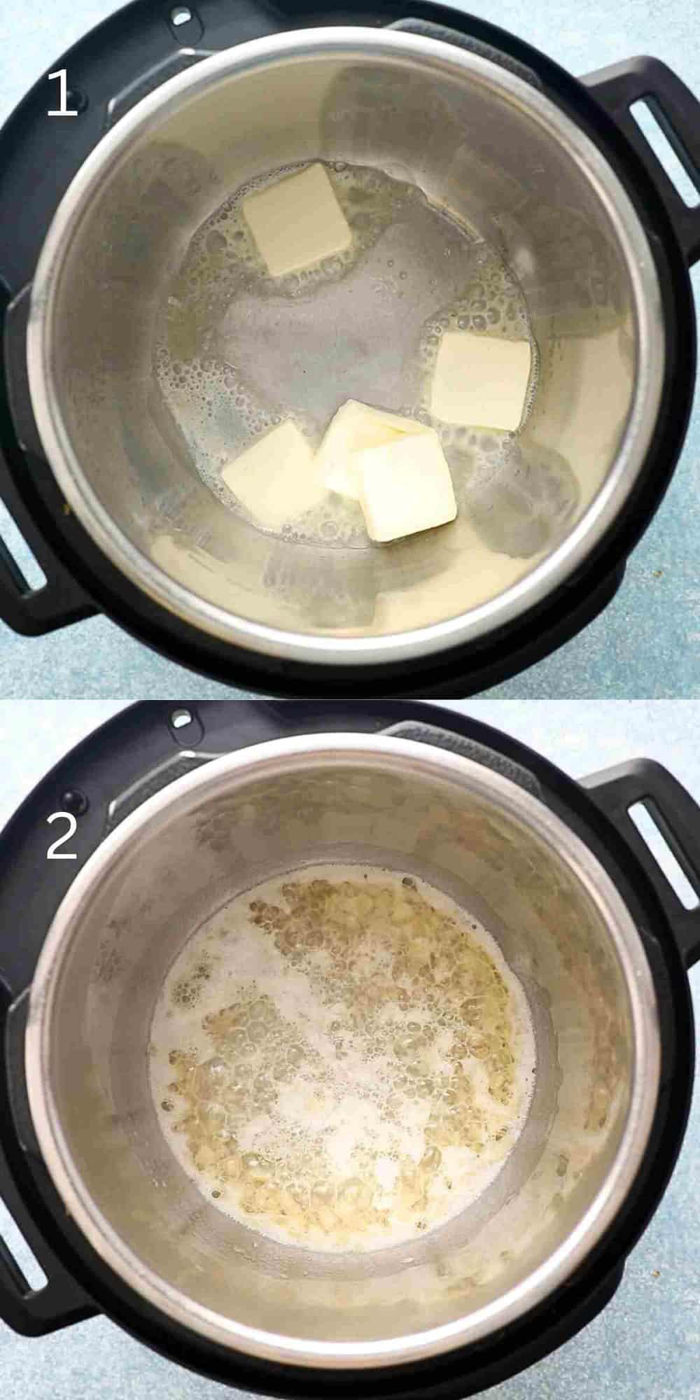 2 photo collage of cooking garlic in butter, in an instant pot.