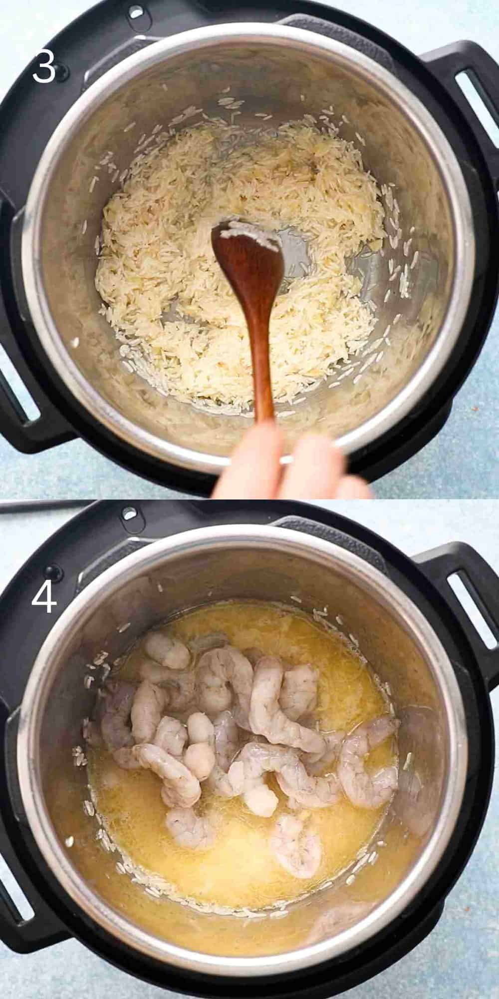 2 photo collage of cooking rice and shrimp, in an instant pot.