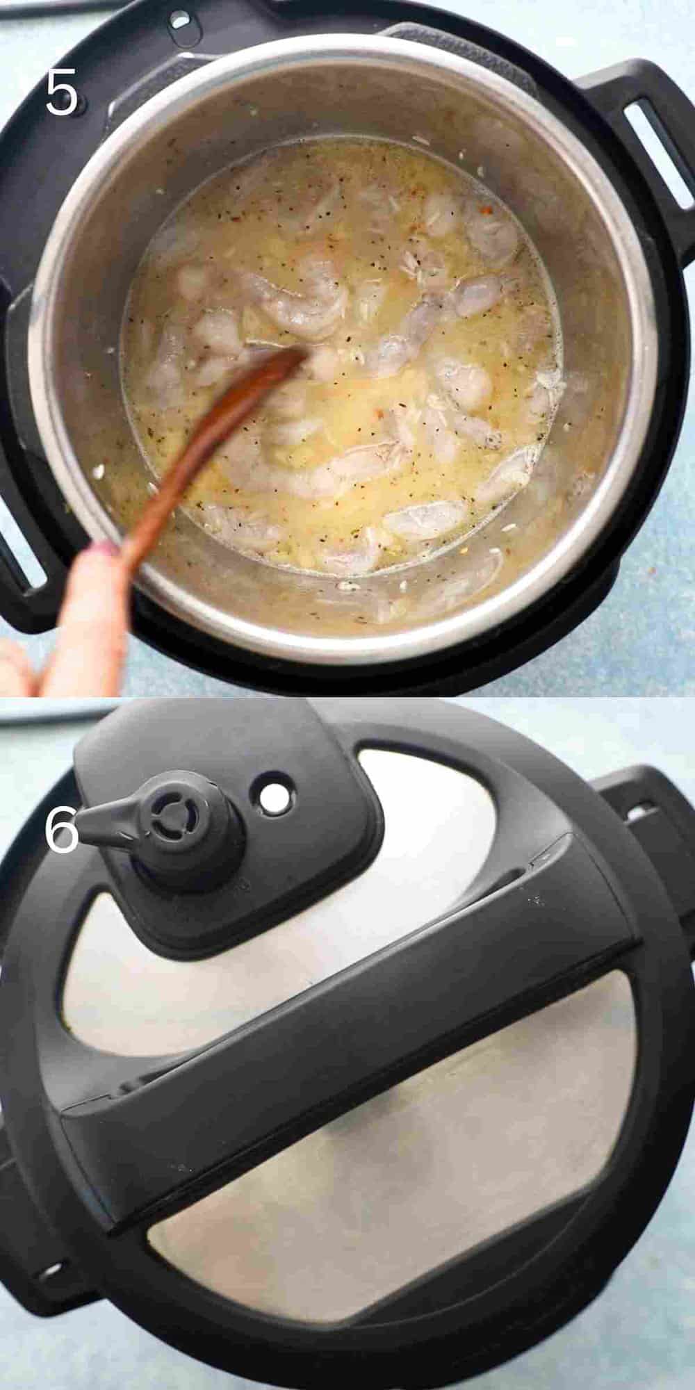 2 photo collage of cooking shrimp rice, in an instant pot.
