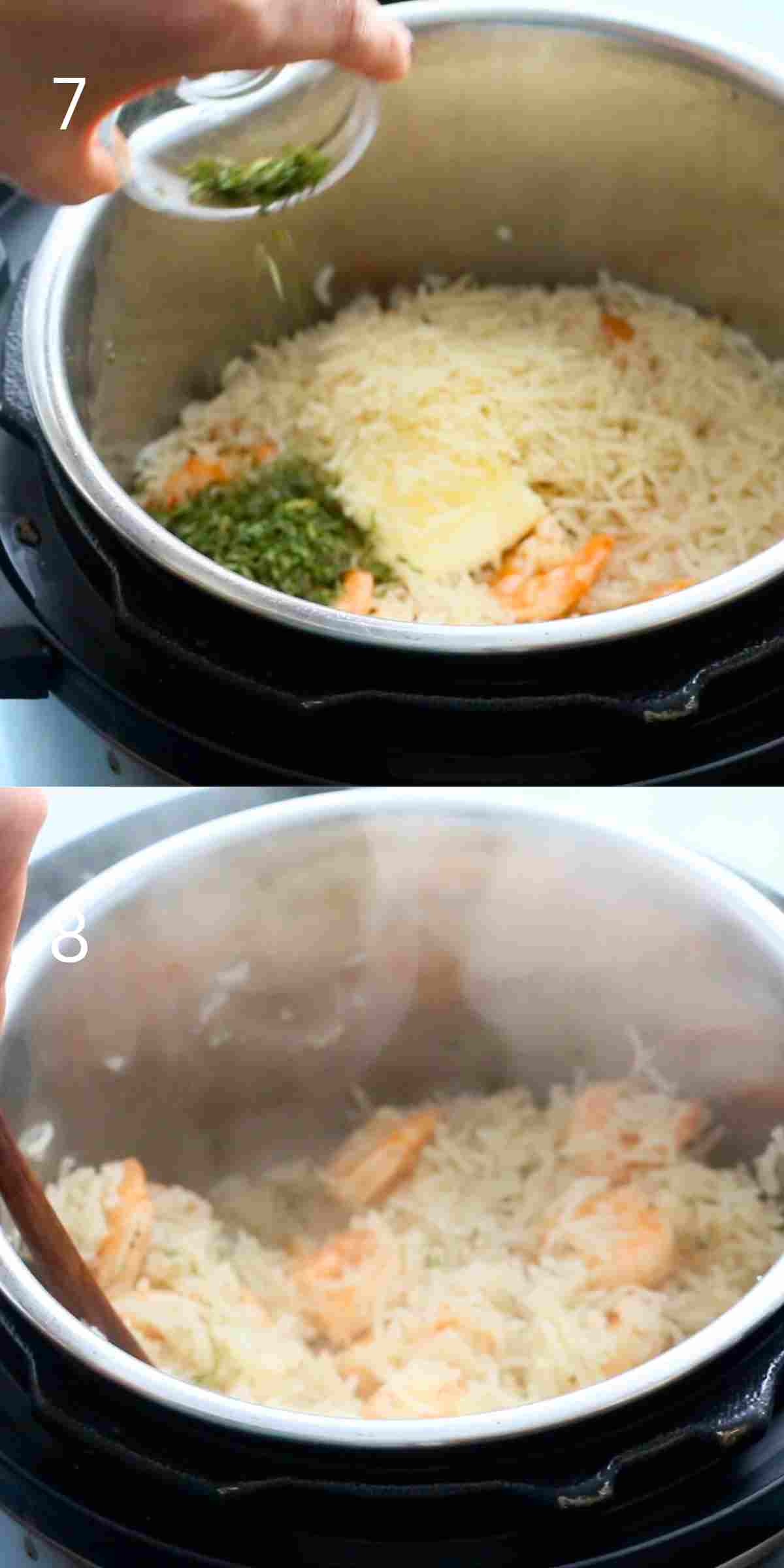 2 photo collage of cooking shrimp rice, in an instant pot.