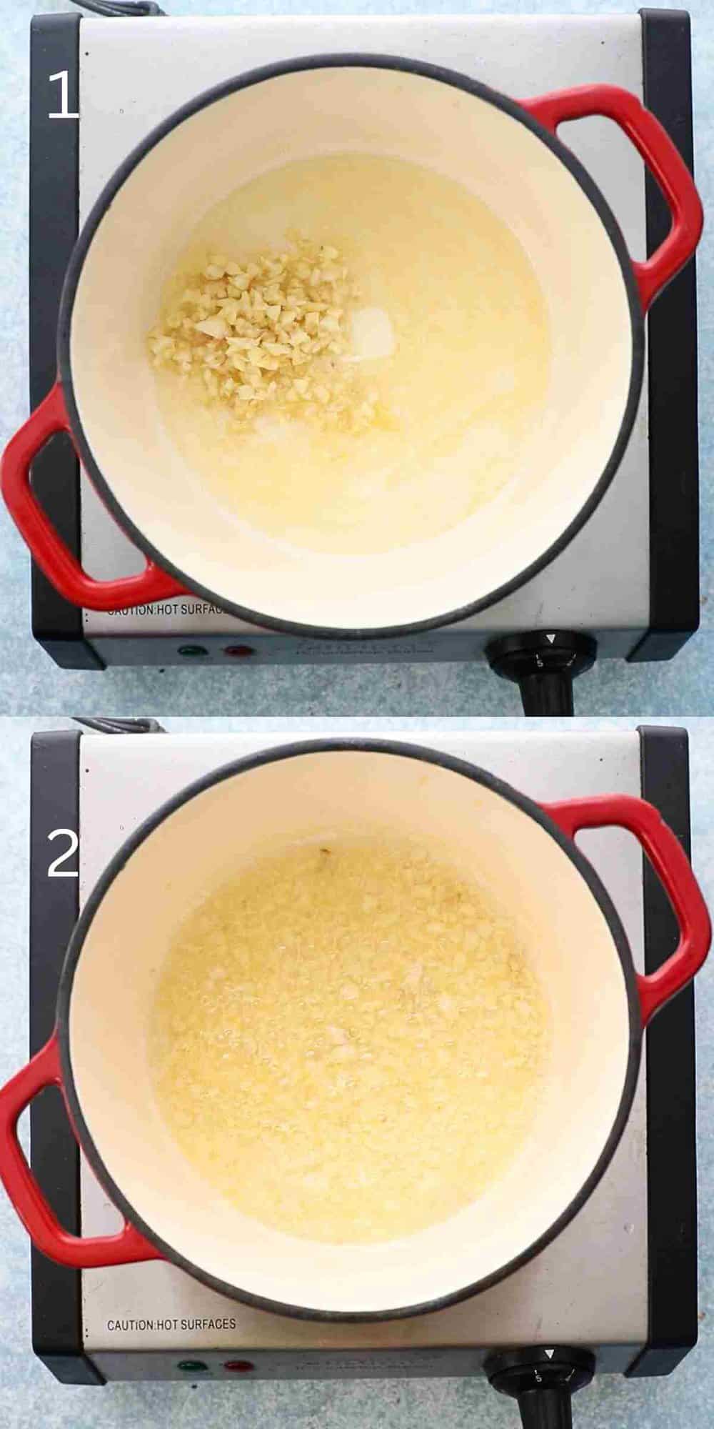 2 photo collage of cooking garlic in butter, in a white pot with red handles.