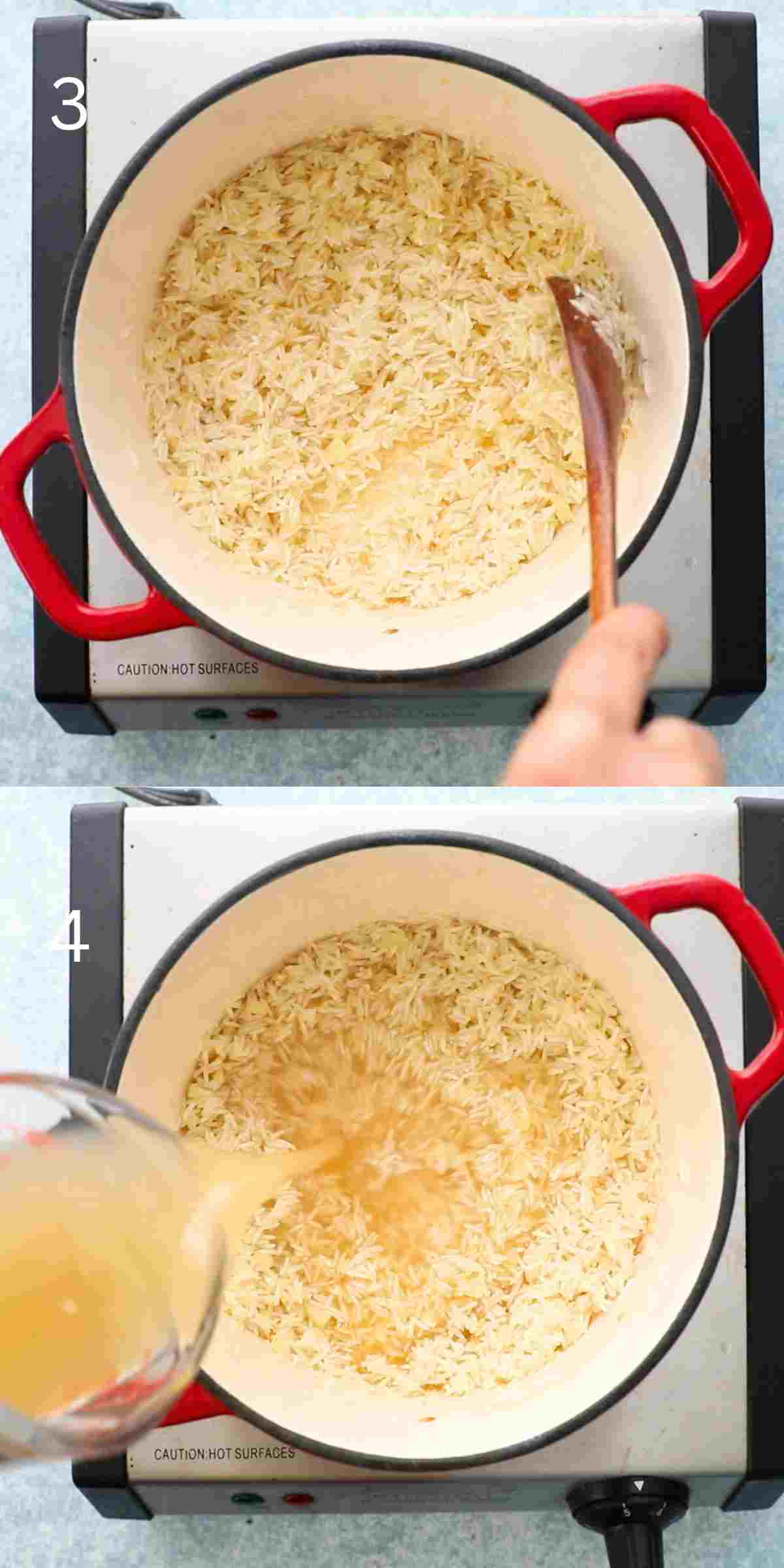 2 photo collage of cooking rice in a white pot with red handles.