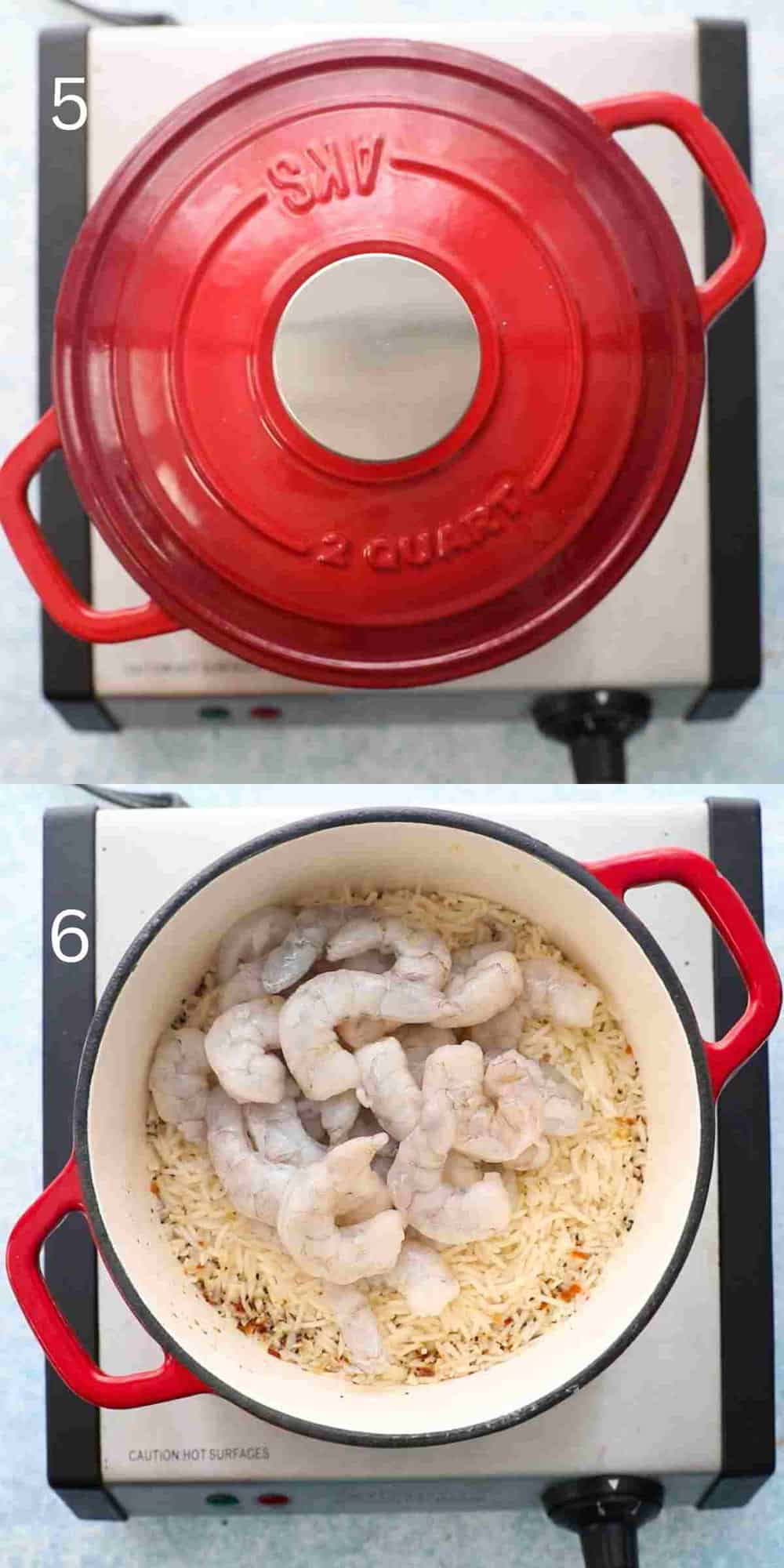 2 photo collage of cooking rice and shrimp, in a white pot with red handles.