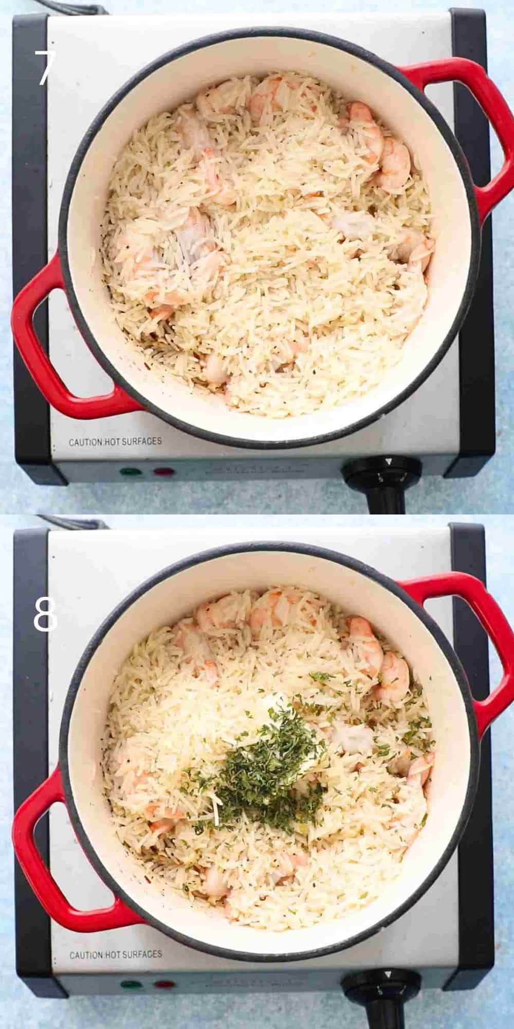 2 photo collage of cooked rice and shrimp, in a white pot with red handles.