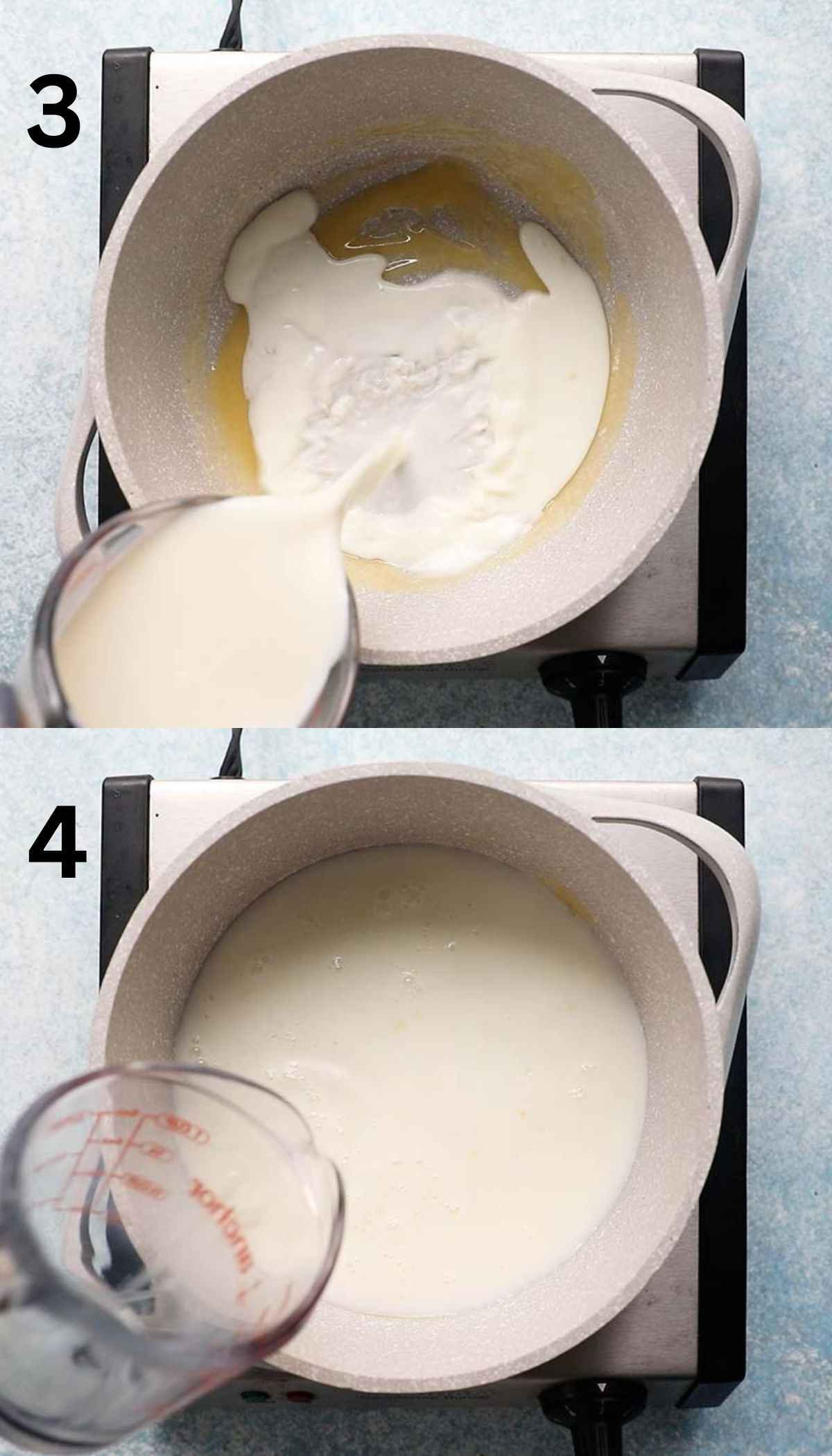 a collage of 2 photos on the process of making mac and cheese sauce. 