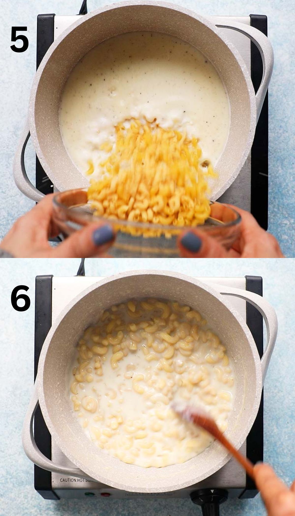 a collage of 2 photos of cooking macaroni in milk. 
