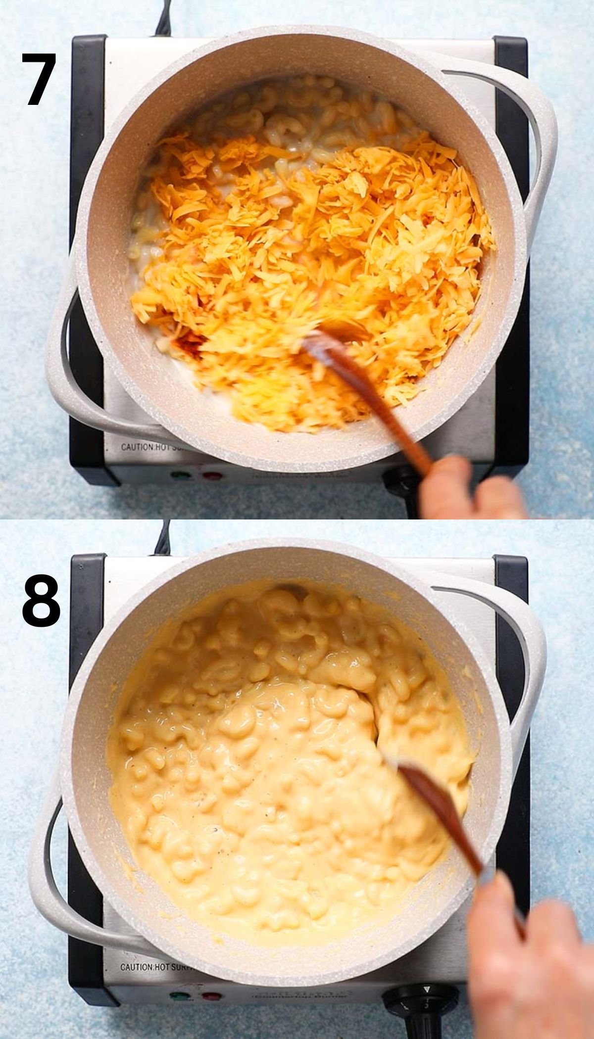 a collage of 2 photos on the process of finishing macaroni and cheese on the stove top.