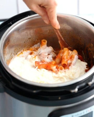 white cream and red pasta in an instant pot.