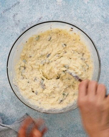 pancake batter in a glass bowl.