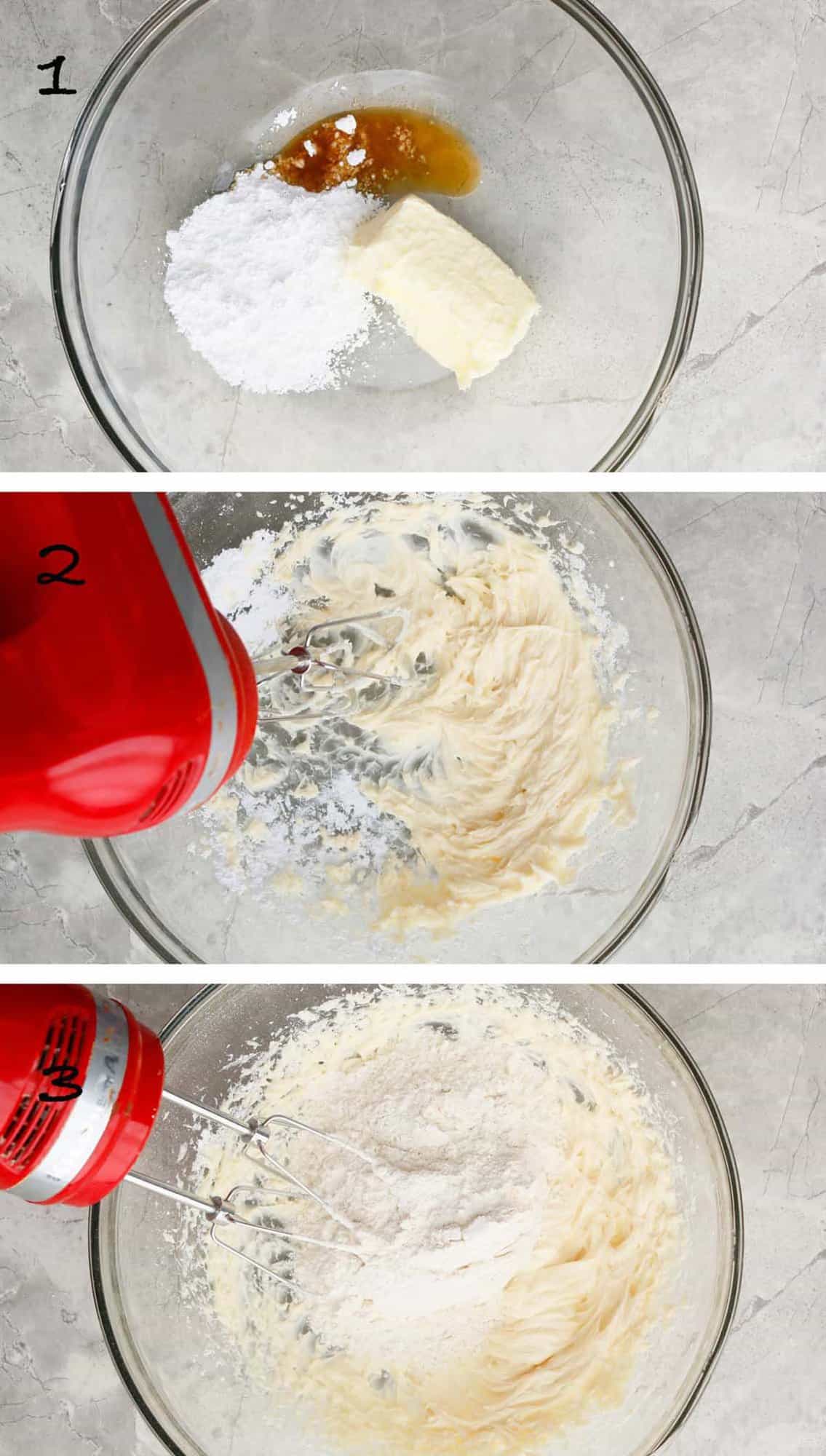 3 photo collage of creaming butter and sugar in a glass bowl using a red electric beater.