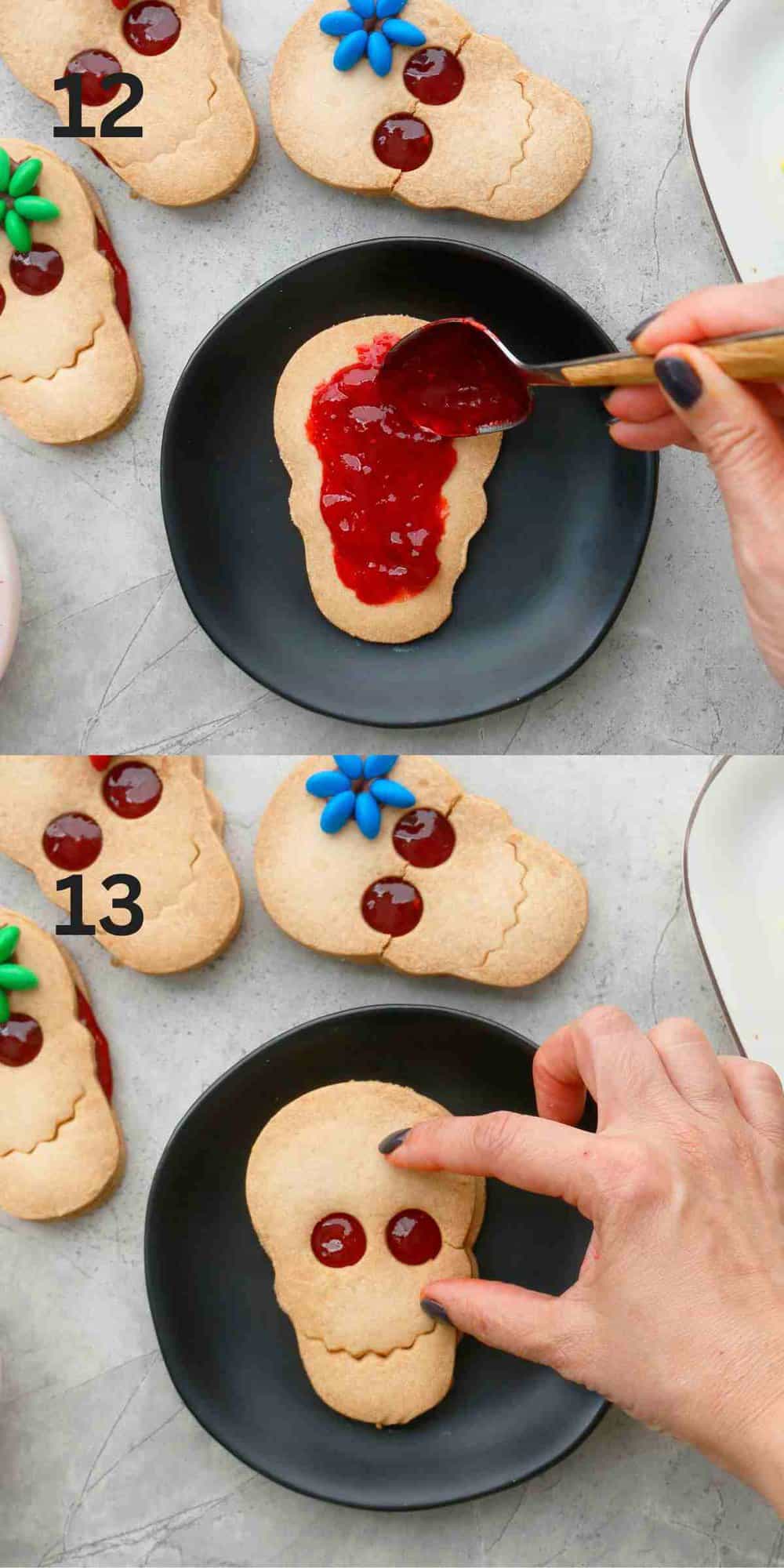 2 photo collage of spreading red jam on a skull shaped cookie.
