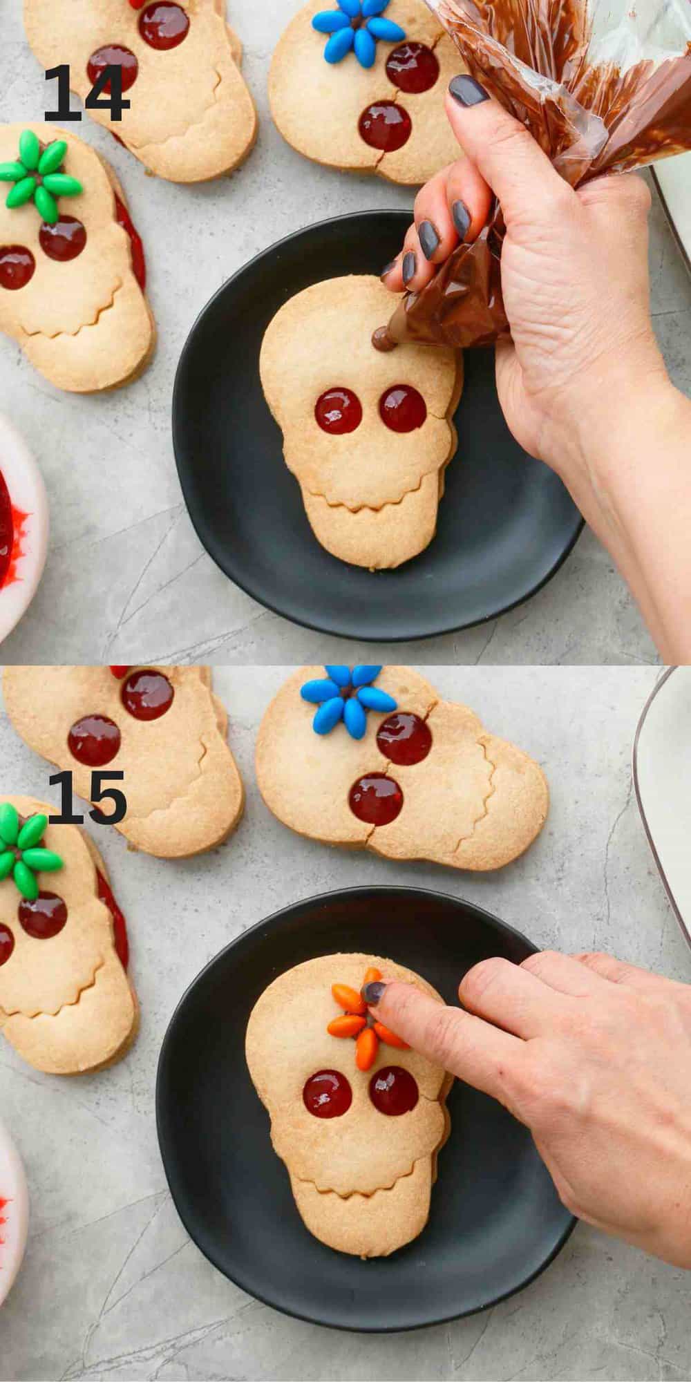 2 photo collage of sticking one M&M flower on a skull cookie.