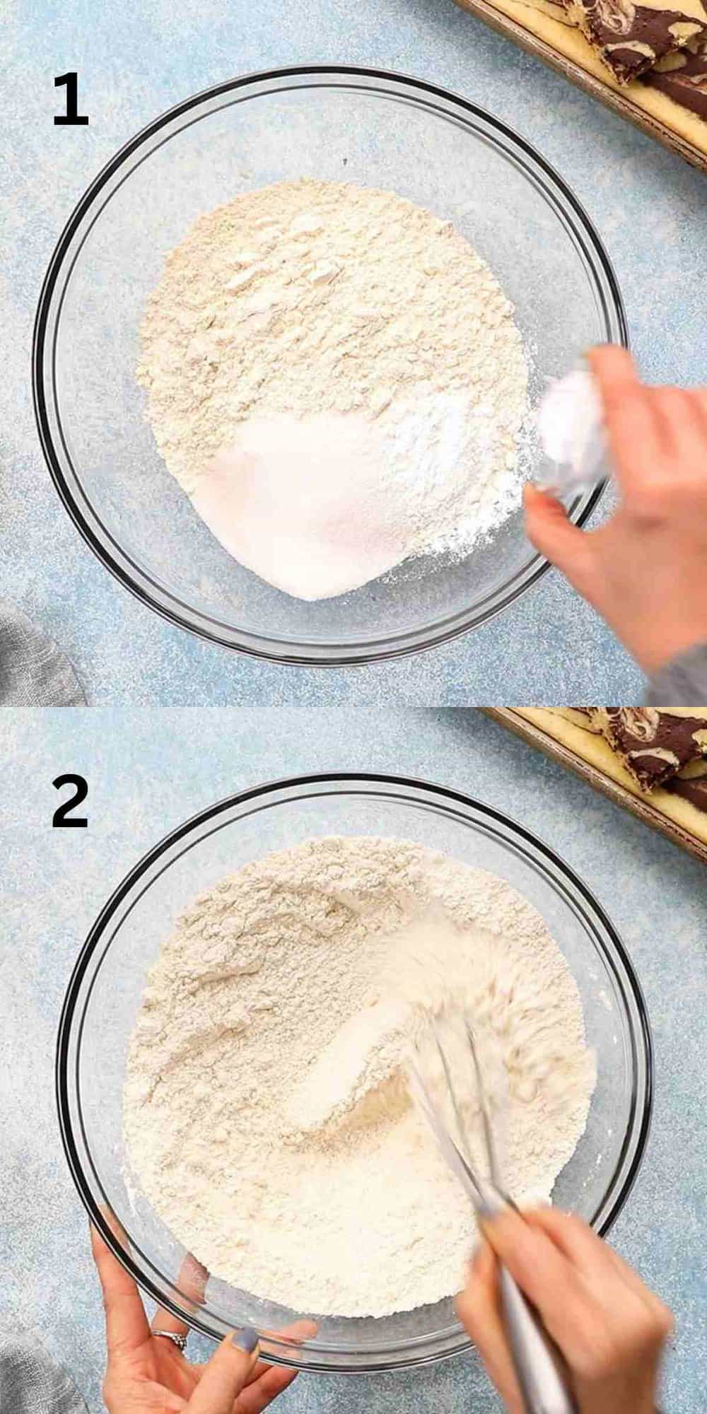 2 photo collage of mixing flour mixture in a glass bowl.