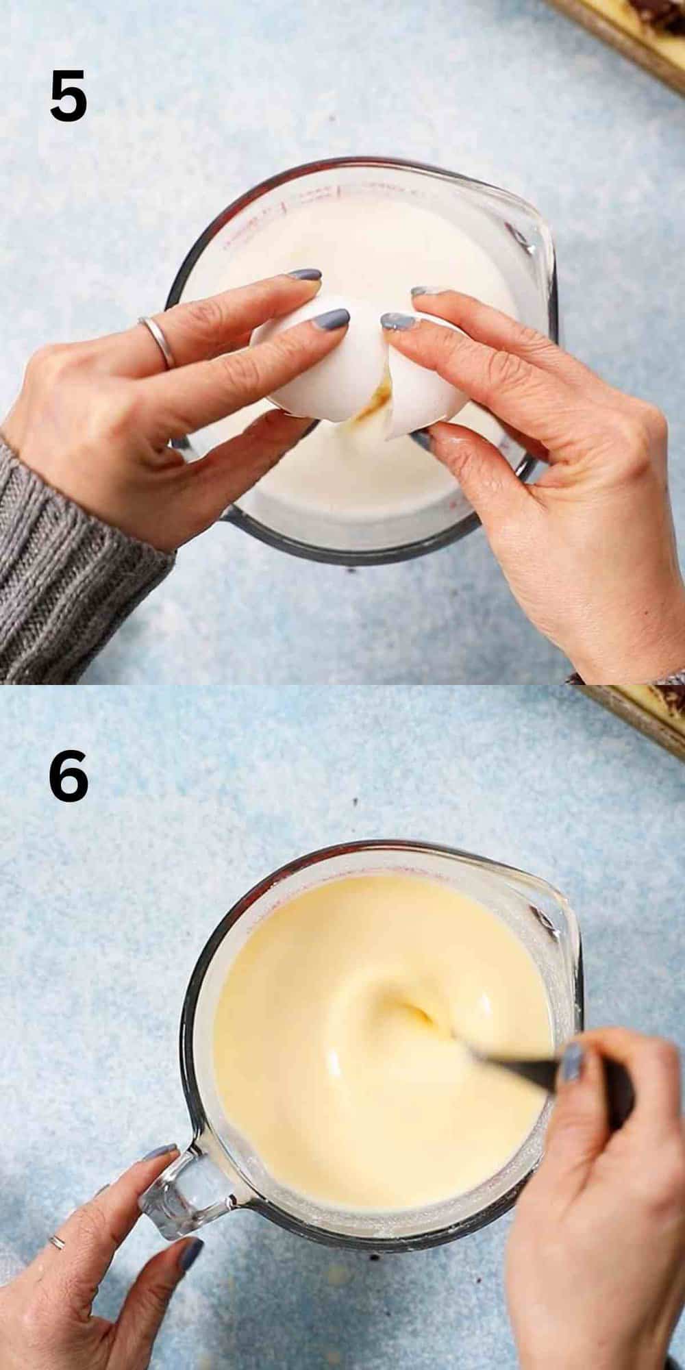 2 photo collage of breaking and mixing eggs into a glass measuring cup.
