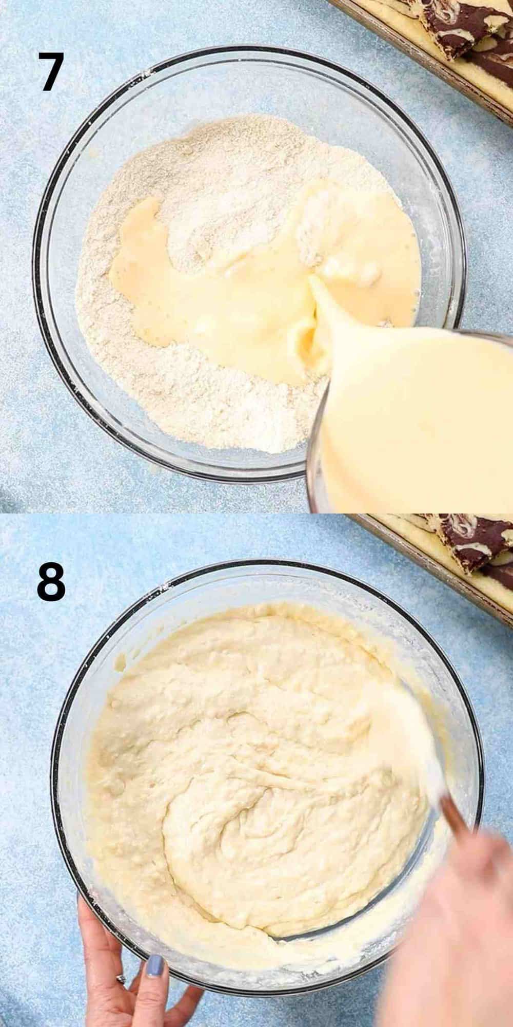 2 photo collage of pouring and mixing buttermilk into the flour in a glass bowl.
