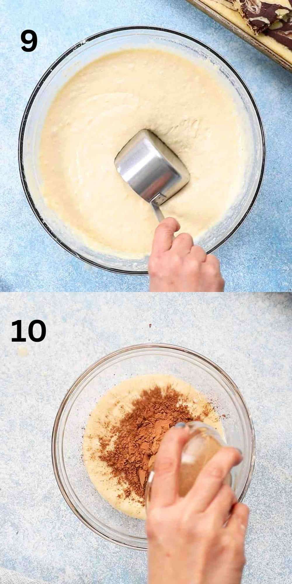 2 photo collage of removing some pancake batter and adding cocoa powder into it.