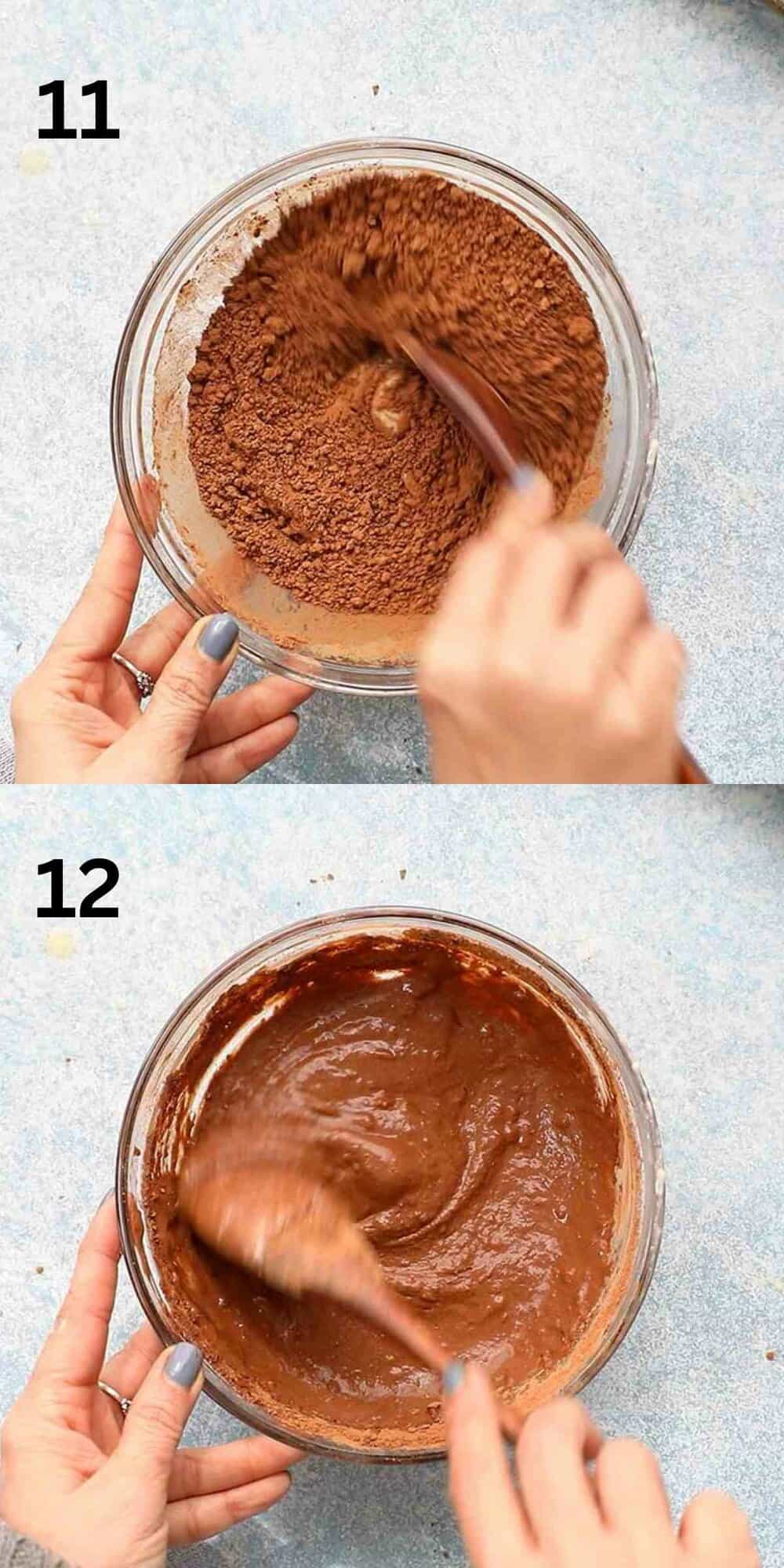 2 photo collage of mixing cocoa powder into pancake batter using a wooden spoon.