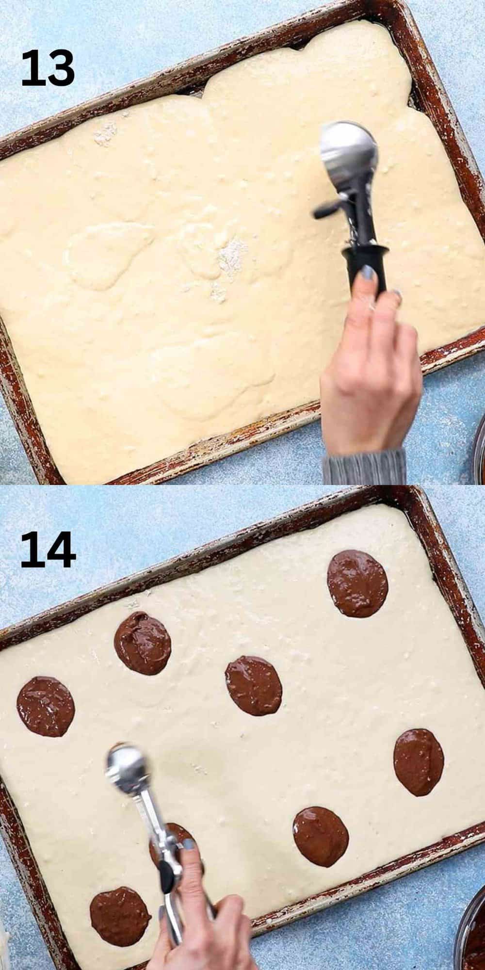 2 photo collage of adding pancake batter into a aluminium sheet pan. 
